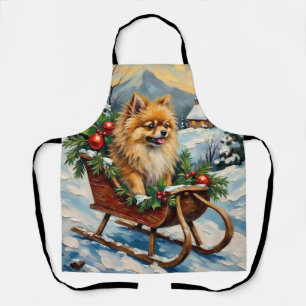 Vintage Pomeranian in houten kerstslee Schort