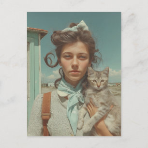 Vintage portret van meisje met kitten briefkaart