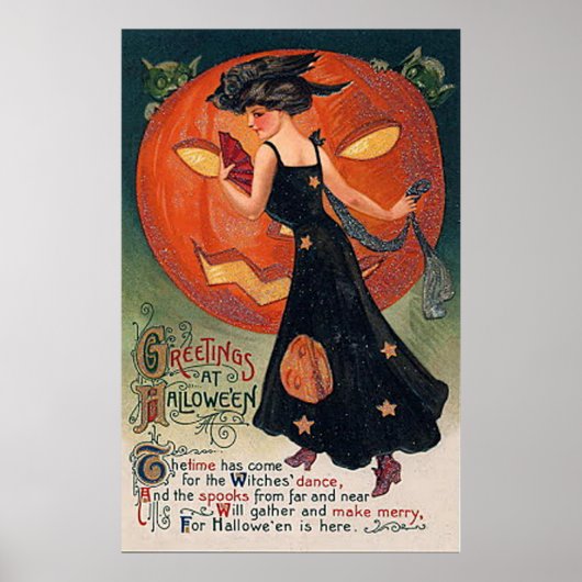 Vintage Poster Halloween Witch & Pumpkin (Devant)