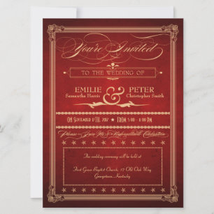 Vintage Poster Rich Red Wedding Invite & Reception Kaart