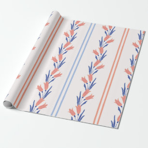Vintage Preppy Zalm & Blauwe Bloemstreep Cadeaupapier