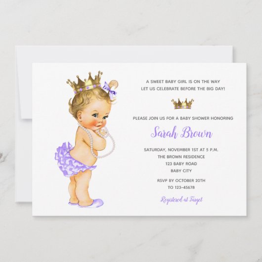 Vintage Princesse Invitations Blonde Bébé Violet (Devant)