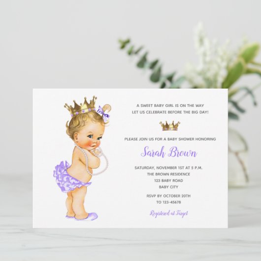 Vintage Princesse Invitations Blonde Bébé Violet (Debout devant)