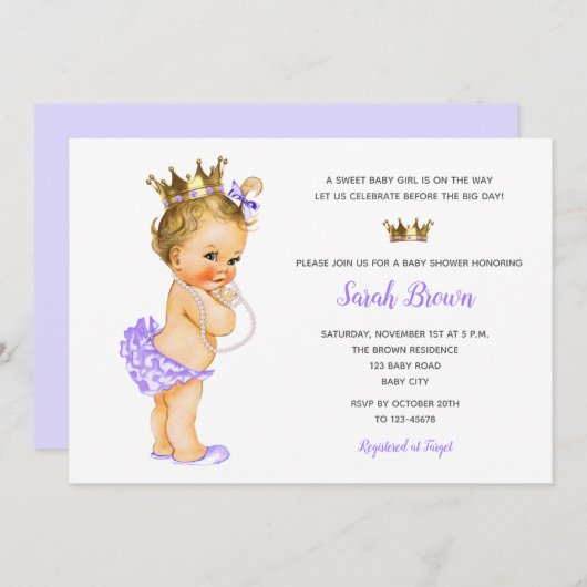 Vintage Princesse Invitations Blonde Bébé Violet (Devant / Derrière)