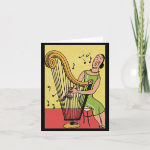 Vintage Print of Woman Playing Harp Kaart