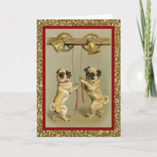 vintage pugs die nieuwe jaarklokken bellen feestdagen kaart