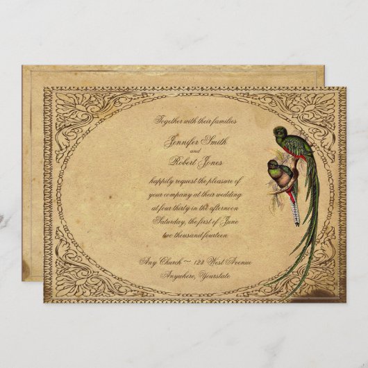 Vintage Quetzal Oiseau Élégant Mariage Invitation (Devant / Derrière)