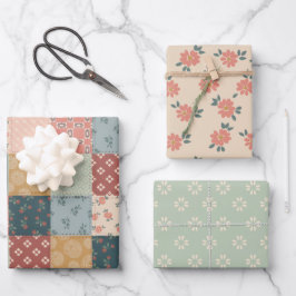 Vintage Quilt Wrapping Paper Flat Sheet Set of 3