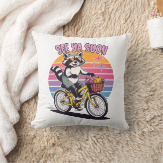 Vintage Raccoon Biking See Ya Soon Retro Sunset  Kussen