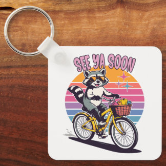 Vintage Raccoon Biking See Ya Soon Retro Sunset  Sleutelhanger