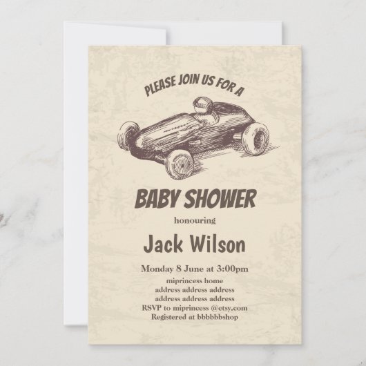 vintage, raceauto-baby shower kaart (Voorkant)