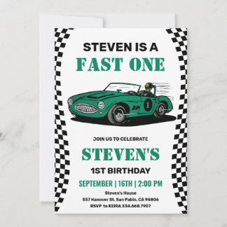 Vintage Raceauto Snel Eén 1e Verjaardag Kaart