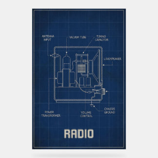 Vintage Radio Blauwdruk–Retro Mid‑Century Kunst Acryl Bord