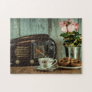 Vintage Radio Theekop Chocolade Donuts Stilleven Legpuzzel