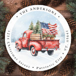 Vintage Red Christmas Truck US Drapeau Adresse de<br><div class="desc">Cartes de Noël vintage Camion Rouge Célébrez les Fêtes avec charme patriotique Répandez la joie et réjouissez festivement cette saison avec nos Cartes de Noël Vintage Camion Rouge. Parfaitement inspirées de l'esprit d'un pays d'hiver rustique, ces cartes présentent un charmant camion rouge orné d'un sapin de Noël à l'arrière, sur...</div>