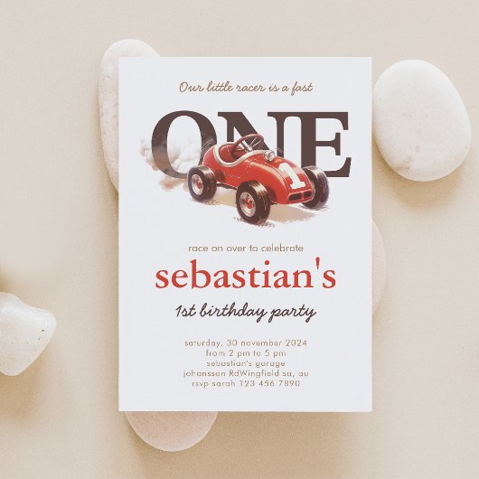 Vintage Red Race Car 1er Anniversaire Invitation