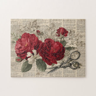 Vintage Red Rose & Scissors Botanical Collage Legpuzzel