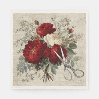 Vintage Red Rose & Scissors Botanical Collage Servet