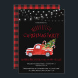 Vintage Red Truck & Buffalo Plaid Christmas Party<br><div class="desc">Un adorable pick-up rouge rempli d'un sapin de Noël fraîchement coupé, de cadeaux et de sucres de canne est présenté sur cette petite carte de Noël. Des lumières à corde à double fil au-dessus de la main. L'arrière de la carte est rouge et noir à la mode de plaid de...</div>
