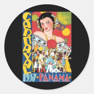 Vintage Reis 1937 Panamese Carnavalsfeest Vrouw Ronde Sticker