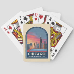 Vintage Reis Chicago Zonsondergang Silhouet Stadsp Pokerkaarten