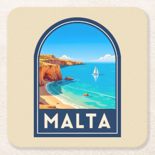 Vintage Reis Malta Zeegezicht Retro Vierkante Kartonnen Onderzetter