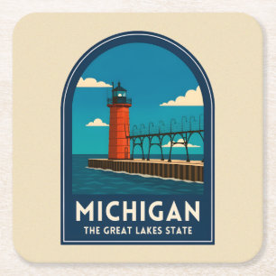 Vintage Reis Michigan Vuurtoren Retro Schilderacht Vierkante Kartonnen Onderzetter