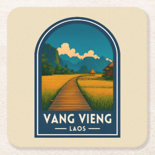 Vintage Reis Vang Vieng Laos Retro Landschap Vierkante Kartonnen Onderzetter