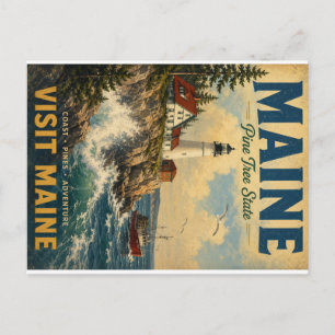 Vintage reisposter van de kust van Maine met vuurt Feestdagenkaart
