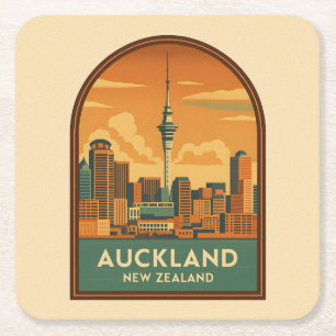 Vintage Reizen Auckland Nieuw-Zeeland City Retro Vierkante Kartonnen Onderzetter