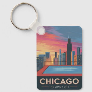 Vintage Reizen Chicago Sunset Skyline Cityscape Sleutelhanger