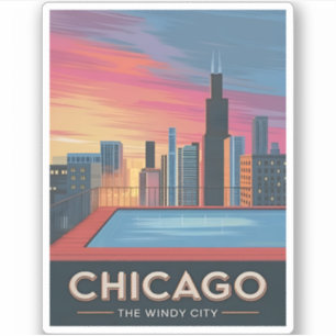 Vintage Reizen Chicago Sunset Skyline Cityscape Sticker