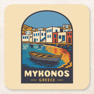 Vintage Reizen Mykonos Griekenland Eiland Seaside  Vierkante Kartonnen Onderzetter