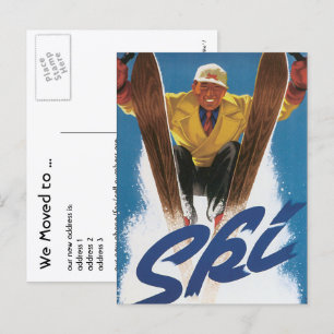 Vintage Reizen, Skiën Sneeuw, Adreswijziging Aankondigingskaart