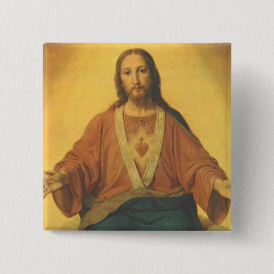 Vintage Religie, Heilig Hart van Jezus Christus Vierkante Button 5,1 Cm