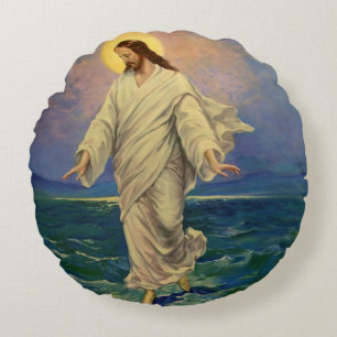 Vintage Religie, Jezus Christus loopt op water Rond Kussen