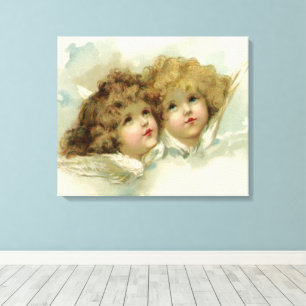 Vintage Religie, Victoriaanse engelen in de wolken Canvas Afdruk