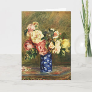 Vintage Renoir Roze Rozen Boeket Blauwe Vaas Kunst Feestdagen Kaart