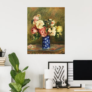 Vintage Renoir Roze Rozen Boeket Blauwe Vaas Kunst Poster