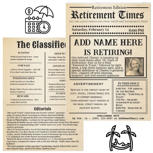 Vintage “Retirement Times” Newspaper Invitation 