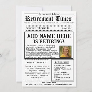 Vintage “Retirement Times” Newspaper Invitation Kaart