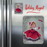 Vintage Retro 1950s Girl in Snow Christmas<br><div class="desc">Un bel aimant de Noël du milieu du siècle qui présente l'illustration vintage d'une jeune fille mignonne portant un beau manteau rouge bordé de fourrure blanche qui carolait dans la neige à deux oiseaux rouges nichés sur une branche. Fabrique un grand cadeau ou rembourrage!</div>