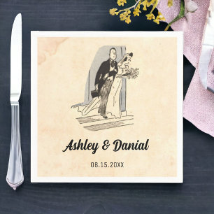 Vintage Retro Bride en Groom Rustic Comic Wedding Servet