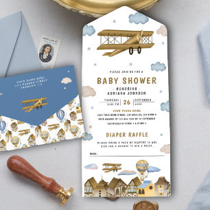 Vintage Retro Bruine Vliegtuig Baby Shower All In One Uitnodiging