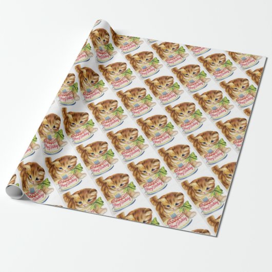 Vintage Retro Cat Kitten Birthday Cake Greeting Cadeaupapier (Uitgerold)
