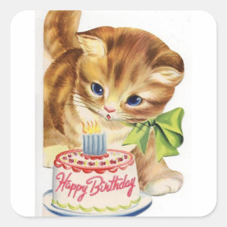 Vintage Retro Cat Kitten Birthday Cake Greeting Vierkante Sticker