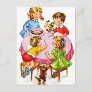 Vintage Retro Children's Birthday Party Dog Kitten Briefkaart