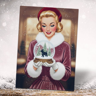 Vintage Retro Christmas Woman and Snow Globe Feestdagenkaart