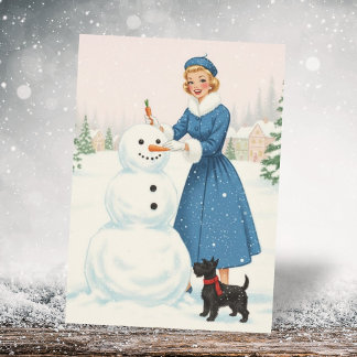 Vintage Retro Christmas Woman with Scotty Dog Feestdagenkaart