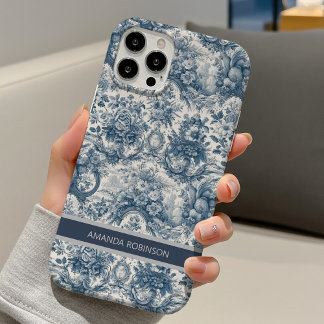 Vintage retro floral blue seamless toile de jouy  iPhone 16 hoesje